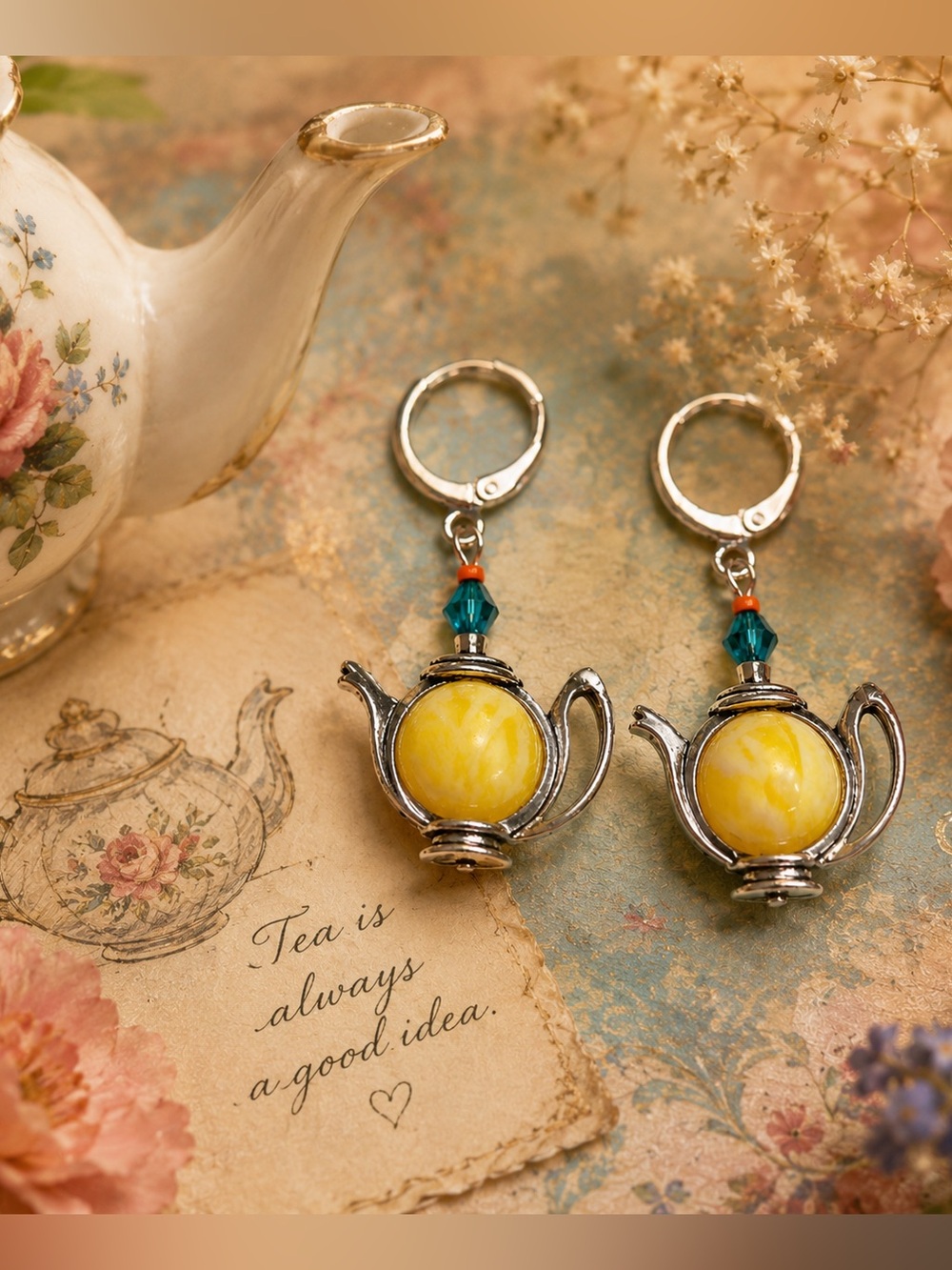 Handmade Antique Silver Teapot Earrings Whimsical Dangle Jewelry with Beads, MTO - Picture 3 of 11